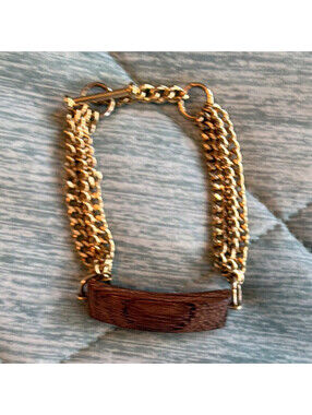 Gold Tone Multi Chain Bracelet Wood Bar Accent Toggle Clasp Boho Statement